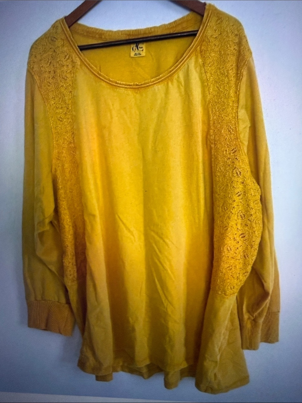 d/C Jeans Woman Yellow Long Sleeve Lace Overlay Pullover T Shirt Top Size 4X